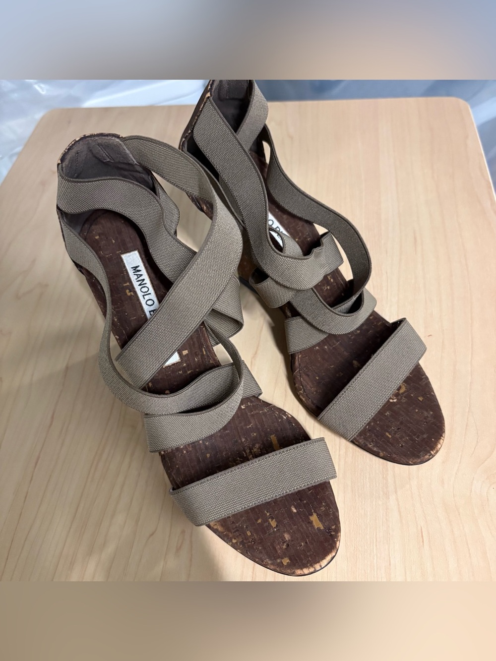 Manolo Blahnik Taupe Elastic Strappy Cork Wedge Heels